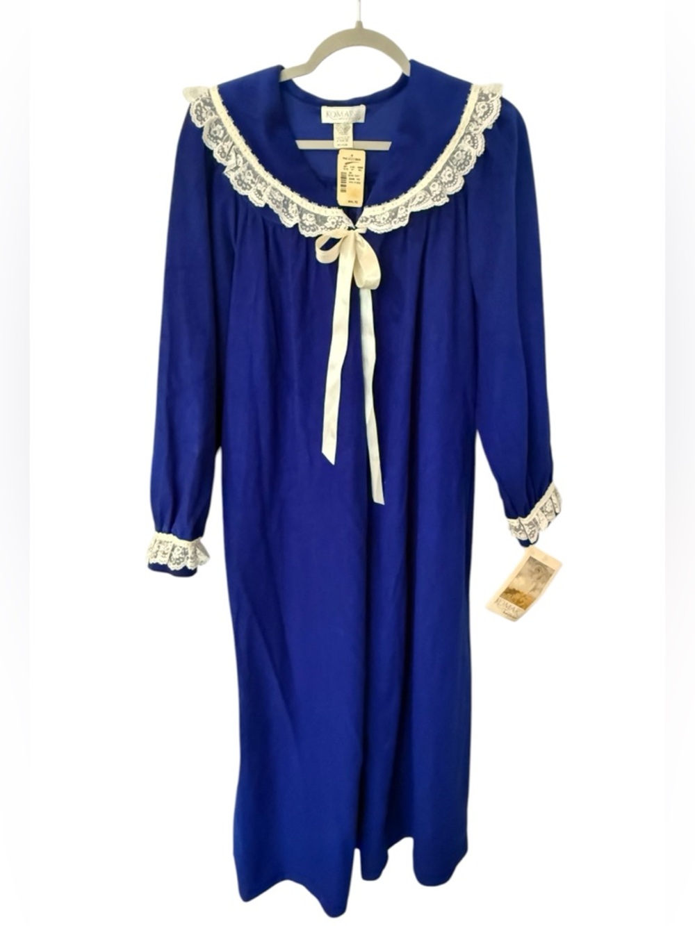 NWT Vintage Komar Royal Blue with Lace Nightgown - Made in USA - Minor Flaw - M